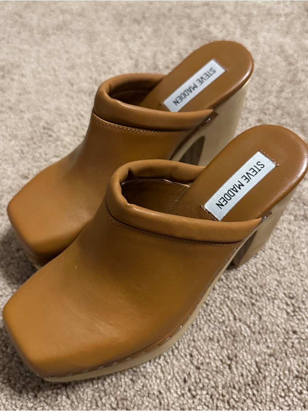 Steve Madden Cognac Leather Platform Clog Mules